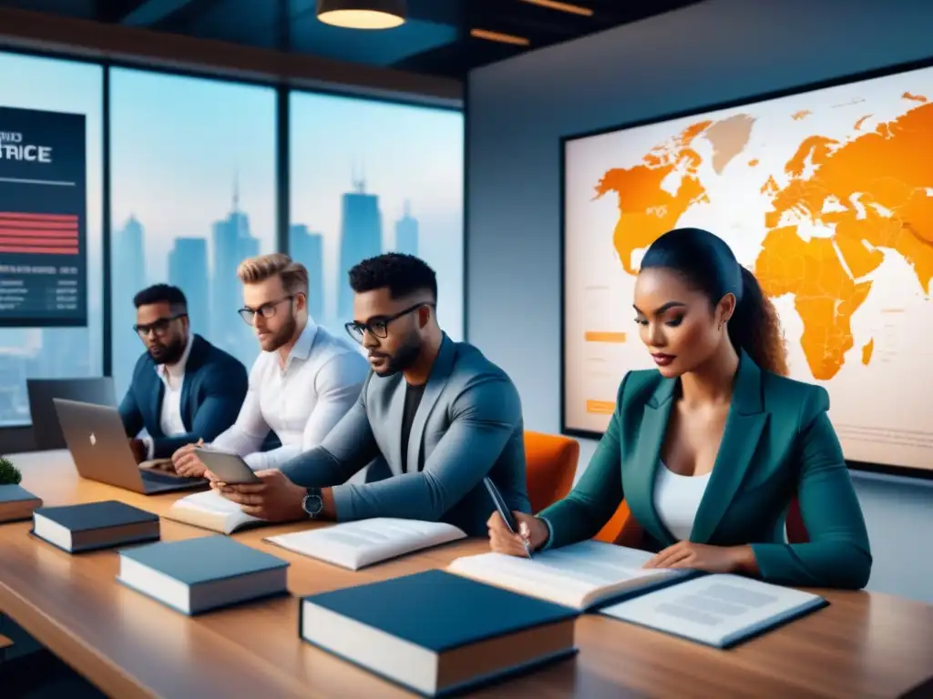 Jóvenes emprendedores enfocados en regulaciones internacionales Un grupo diverso de emprendedores en una oficina moderna, concentrados en regulaciones internacionales para startups logística