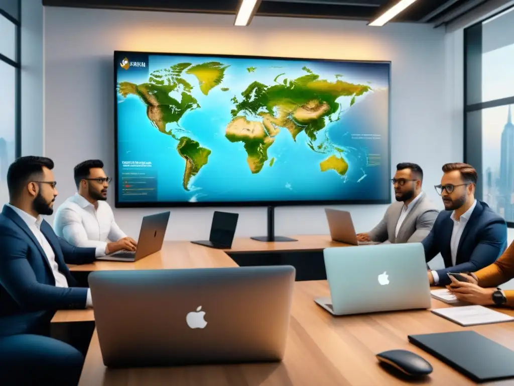 Emprendedores logísticos globales en acción Un grupo diverso de fundadores de startups logísticas inmersos en la dedicación empresarial y el cumplimiento de regulaciones internacionales