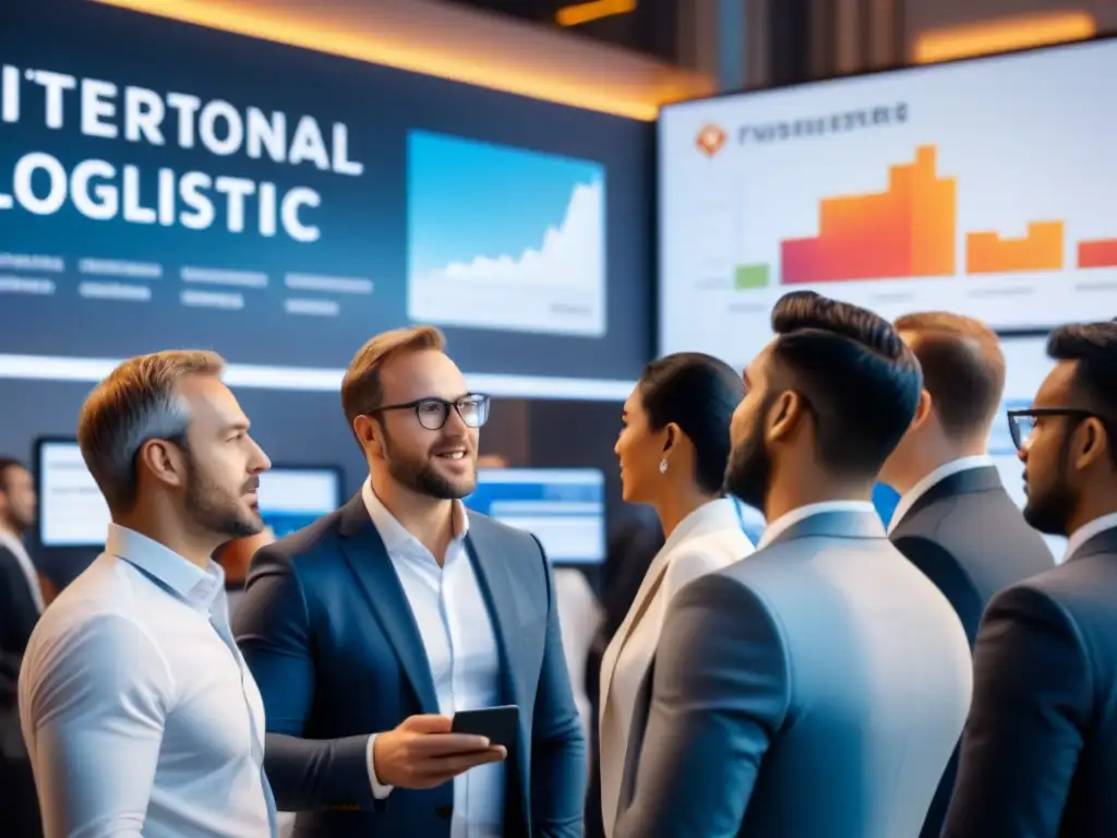 Fundadores de startups logísticas en conferencia internacional Un grupo diverso de fundadores de startups logísticas en intensa discusión en conferencia sobre regulaciones internacionales para startups logística