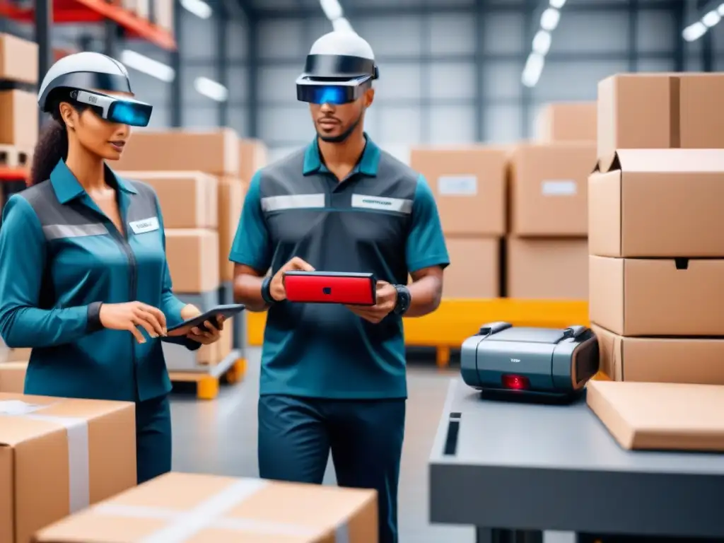 Entrega eficiente con tecnología avanzada en almacén futurista Grupo de repartidores usando tecnología avanzada para mejorar eficiencia entrega paquetes tecnológicas en almacén futurista