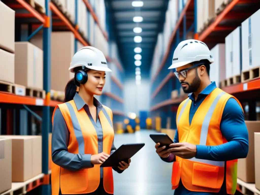 Trabajadores logísticos con tecnología wearable en almacén Un grupo de trabajadores logísticos en un almacén con dispositivos vestibles de seguridad
