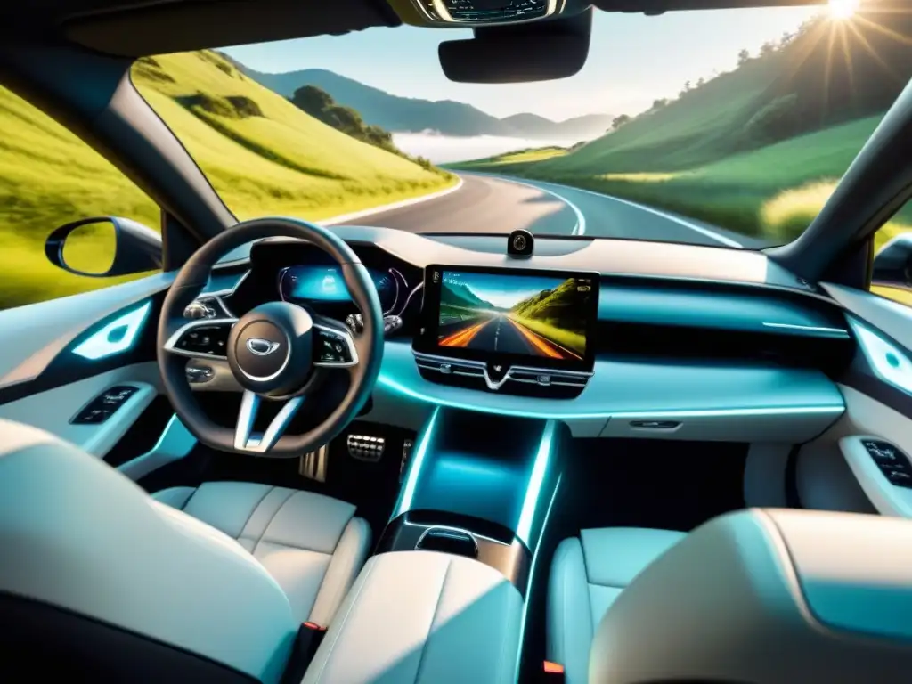 Coche híbrido futurista: eficiencia tecnológica en paisaje verde Un híbrido futurista recorre una carretera, con tecnologías de seguimiento para eficiencia, en un paisaje verde