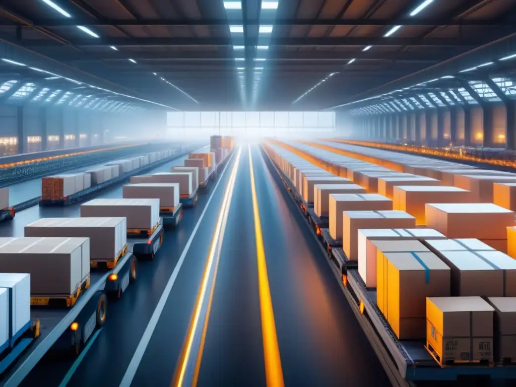 Un hub logístico bullicioso con trabajadores organizando envíos eficientemente, camiones listos para cargar y cintas transportadoras moviendo paquetes