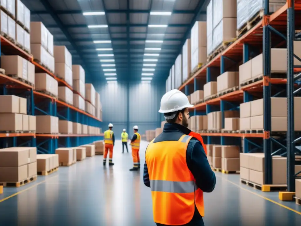 Almacén dinámico: logística precisa y eficiente La imagen muestra la precisión y coordinación en un almacén bullicioso, con trabajadores y soluciones logísticas flexibles cadena suministro
