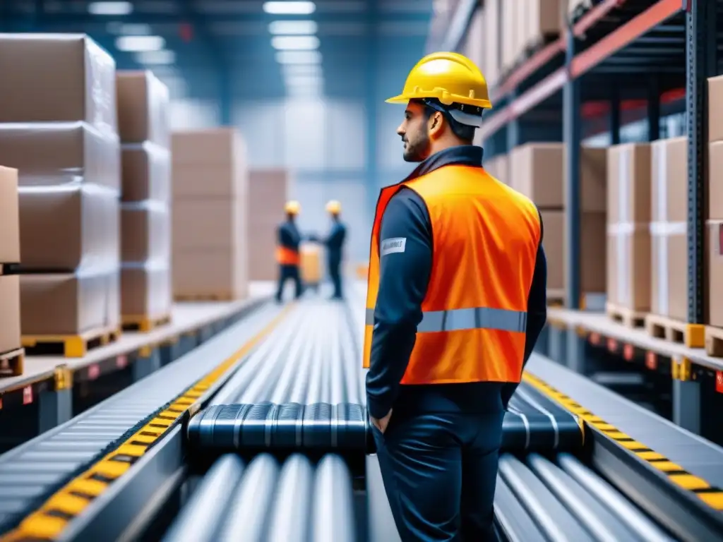 Almacén moderno con tecnología de seguimiento avanzado Una imagen detallada de un almacén moderno con cintas transportadoras automatizadas moviendo paquetes eficientemente, trabajadores supervisando en chalecos y cascos de seguridad