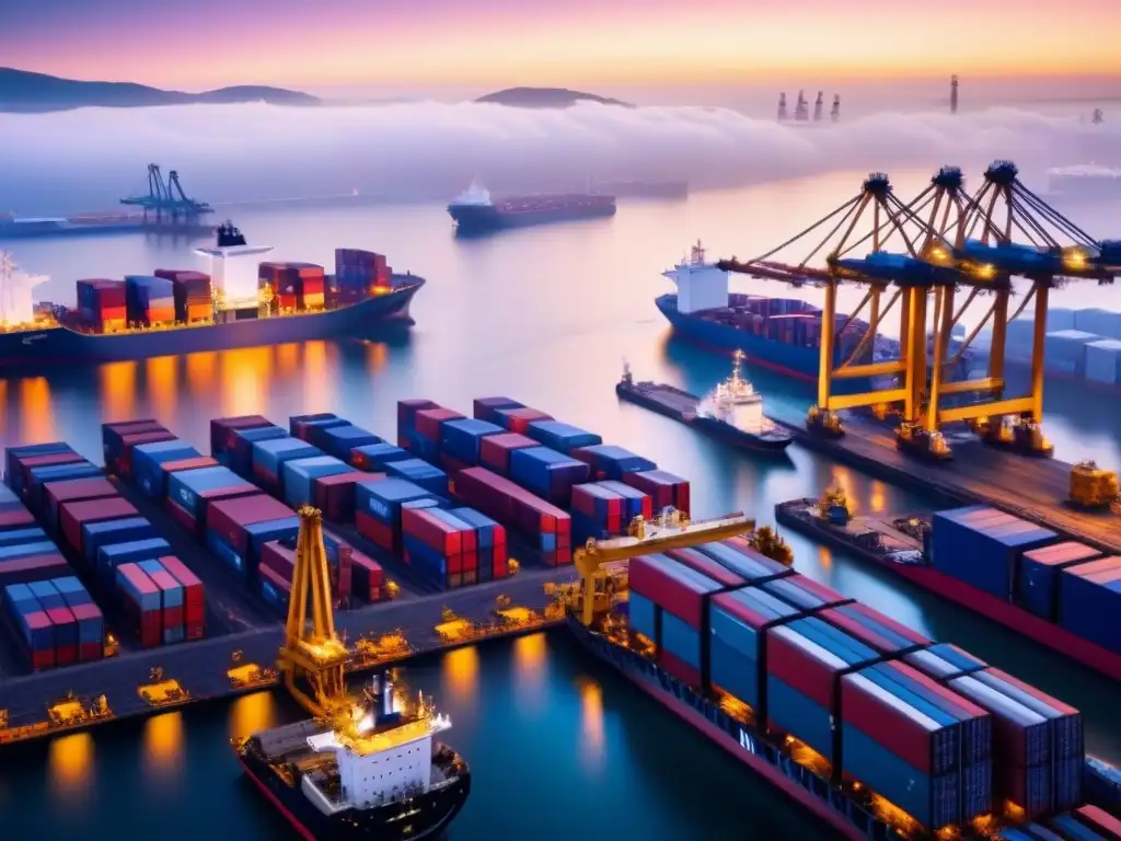 Amanecer tecnológico en puerto europeo postBrexit Impacto del Brexit en la logística europea innovadora: Puerto bullicioso al amanecer con operaciones eficientes y tecnología de vanguardia
