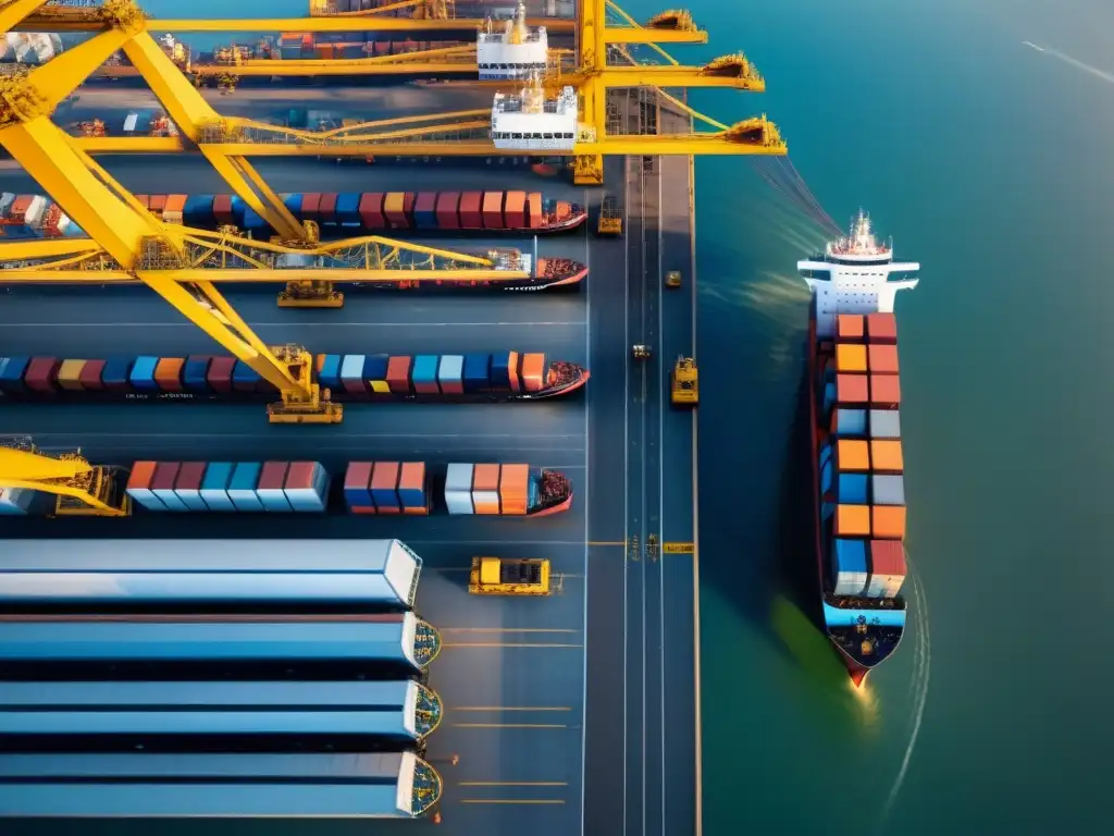 Logística portuaria postBrexit: caos y eficiencia en Europa Impacto del Brexit en la logística europea: puerto bullicioso, carga de barcos, camiones en fila, trabajadores clasificando paquetes