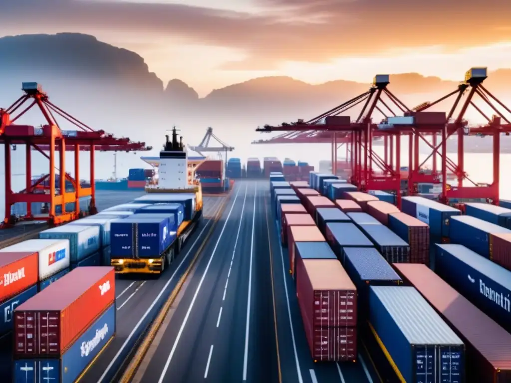 Porte europeo en caos post-Brexit: barcos cargados, banderas y logística Impacto del Brexit en la logística europea: puerto bullicioso con contenedores y transporte terrestre en medio de la incertidumbre