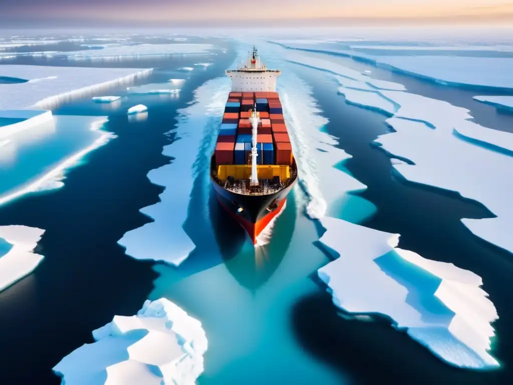 Navegación épica en el Ártico: buque rompiendo hielo Un imponente carguero rompiendo el hielo del Ártico, rodeado de vastas planchas de hielo bajo el sol de medianoche