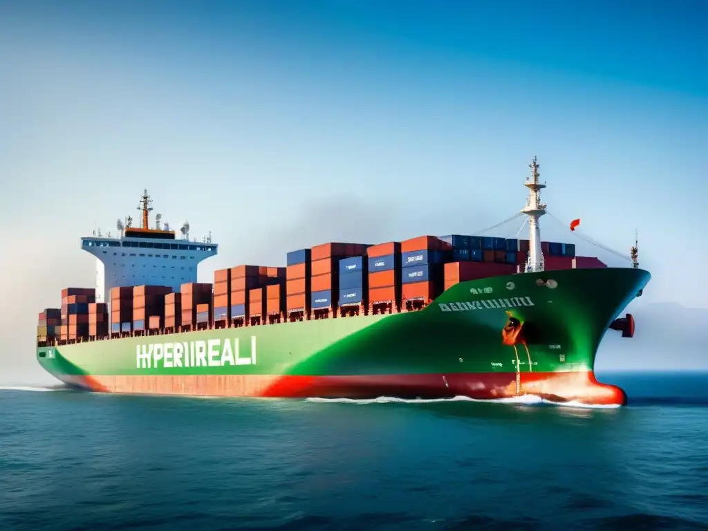 Barco de carga chino: tecnología verde en alto mar Imponente nave china con tecnología verde navegando en el mar, rodeada de barcos