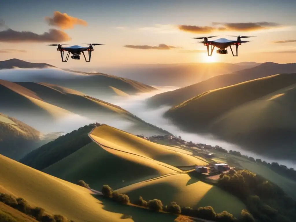Drones avanzados surcan atardecer en montañas remotas Un impresionante escuadrón de drones avanzados entregando paquetes al atardecer en terreno montañoso remoto