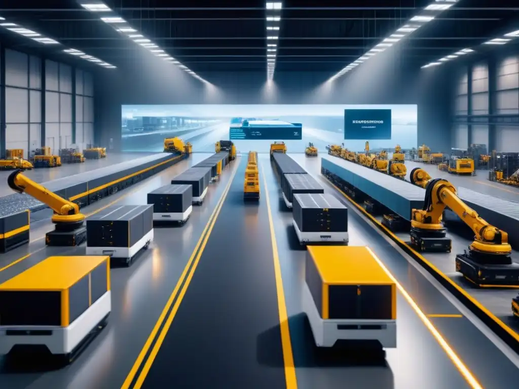 Almacén industrial futurista: eficiencia y tecnología avanzada en acción Impresionante integración de sistemas para gestión de flotas en almacén industrial futurista