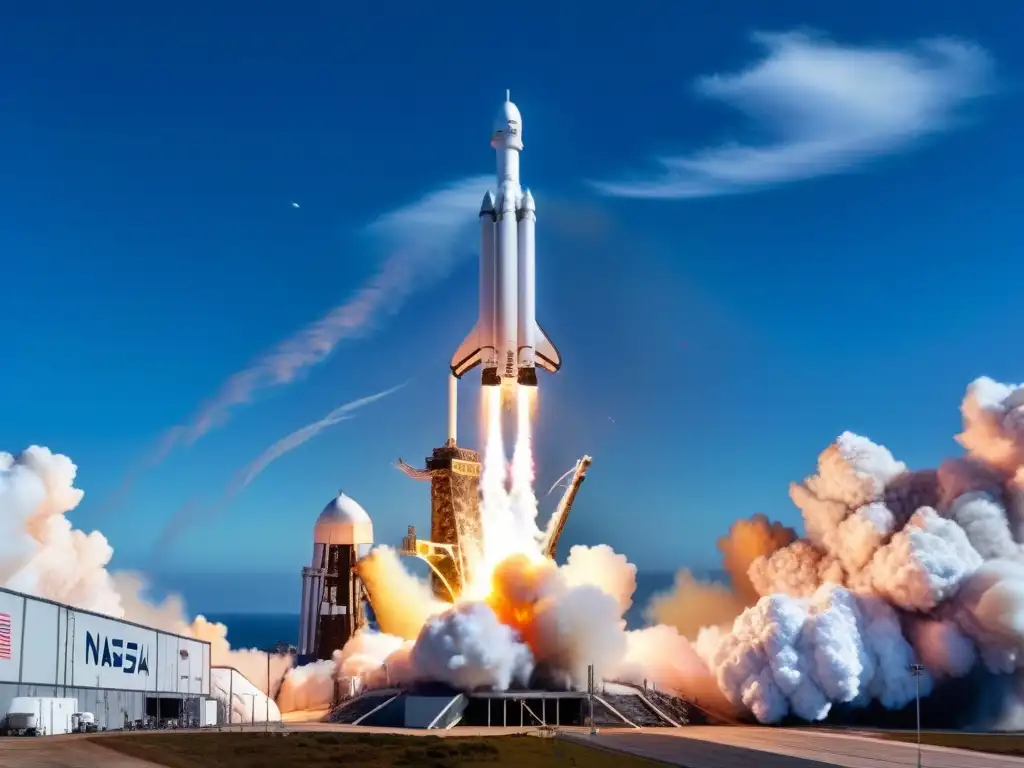 Despegue épico de cohete Falcon Heavy de SpaceX Increíble lanzamiento de un cohete SpaceX Falcon Heavy con llamas vibrantes y humo blanco, destacando innovaciones en transporte logística espacial