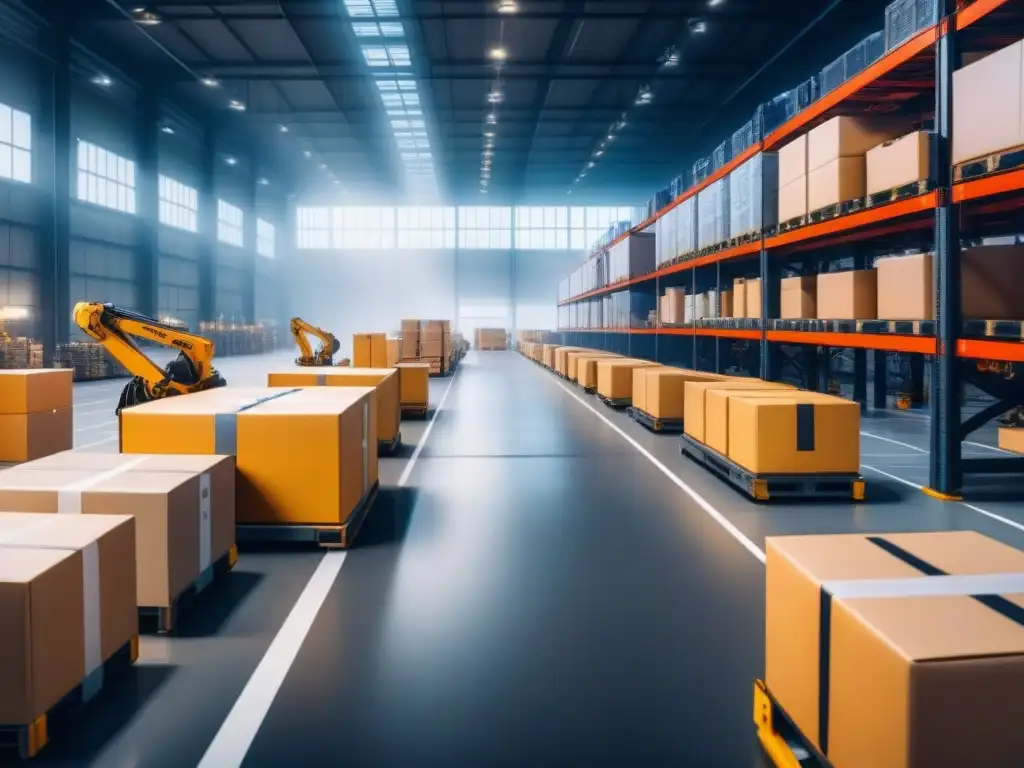 Almacén inteligente: robótica y logística eficiente en acción Almacén industrial automatizado con integración de sistemas para gestión de flotas