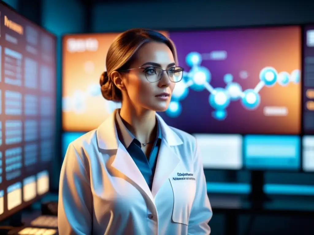 Químico analizando estructuras moleculares en laboratorio Un ingeniero químico analiza detalladamente una estructura química en pantalla, rodeado de modelos moleculares y gráficos de datos coloridos