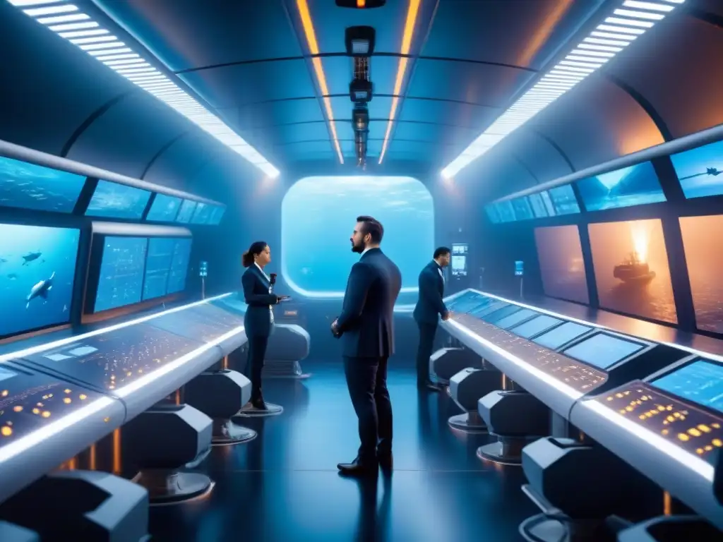 Innovación submarina: ingenieros crean futuro Ingenieros debaten diseños de vehículos submarinos futuristas en moderno centro de investigación acuática