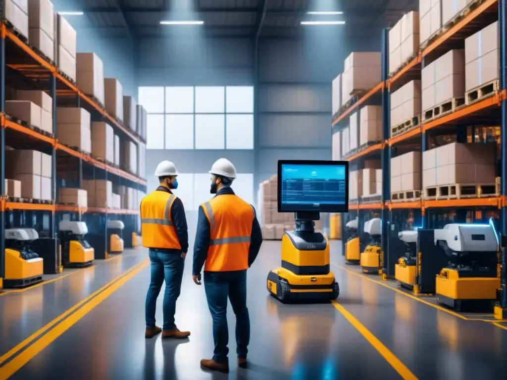 Ingenieros de alta tecnología en almacén logístico Ingenieros en almacén de logística con tecnología avanzada y robots automatizados