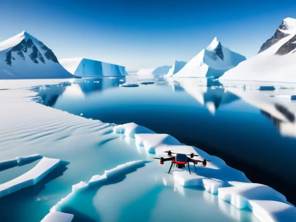 Exploración Ártica: Drones de Alta Tecnología surcan glaciares Ingeniosa logística antártica: drones eficientes surcan hielos y glaciares en un paisaje gélido y deslumbrante