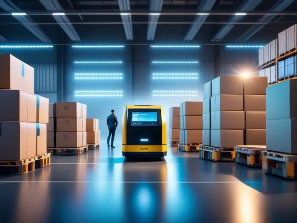 Almacén futurista: robots y analítica de datos en logística Innovaciones disruptivas en logística: Almacén futurista con robots automatizados y trabajadores monitoreando datos en tiempo real