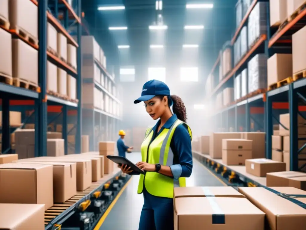 Almacén moderno: Eficiencia logística y tecnología de vanguardia Innovaciones en empaque logístico: Almacén activo con trabajadores y tecnología moderna para ordenar y empacar productos