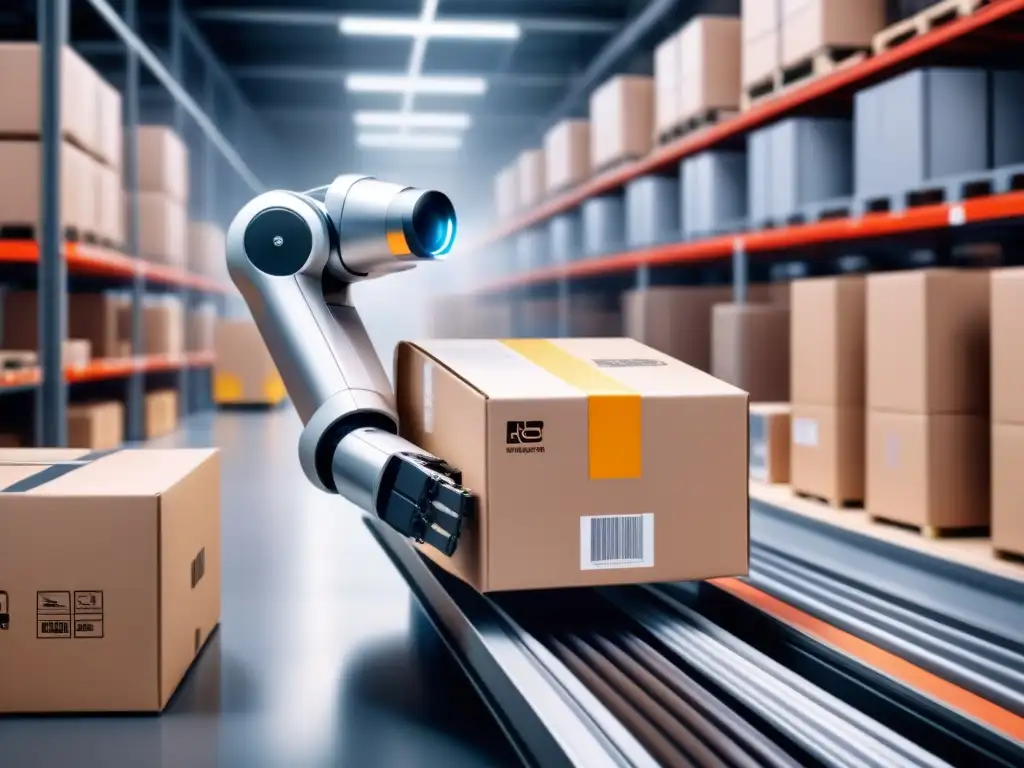 Automatización de embalaje: robot colocando producto en caja Innovaciones en empaque logístico: Brazo robótico colocando producto en caja en almacén moderno y brillante