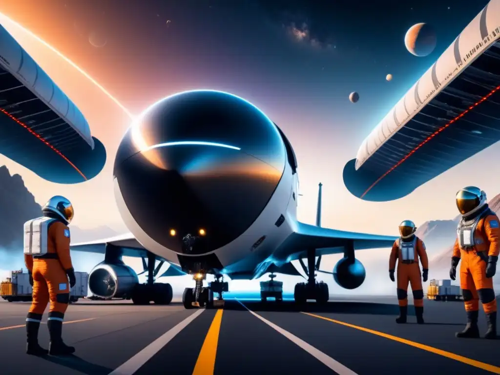 Embarque espacial futurista en hub intergaláctico Innovaciones en transporte de logística espacial: Una nave carguera de vanguardia en un bullicioso puerto intergaláctico