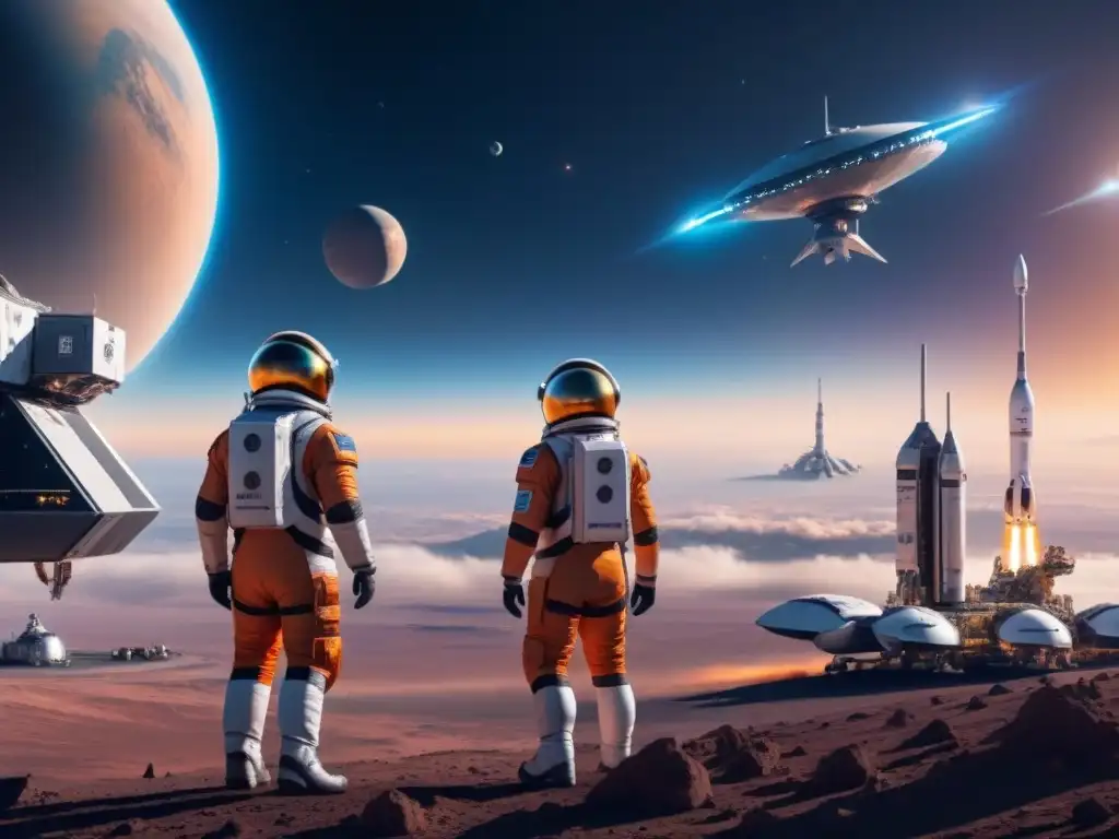 Spaceport del futuro: innovación y tecnología en logística espacial Innovaciones en transporte logística espacial: Puerto espacial futurista con actividad frenética y naves avanzadas cargando