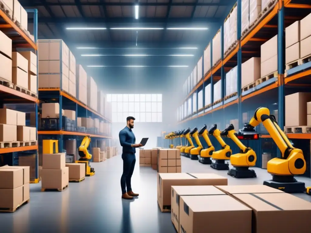 Almacén del futuro: robots y humanos trabajando en armonía Innovadora integración de tecnología: Visión por computadora en logística, humanos y robots trabajan en armonía en almacén