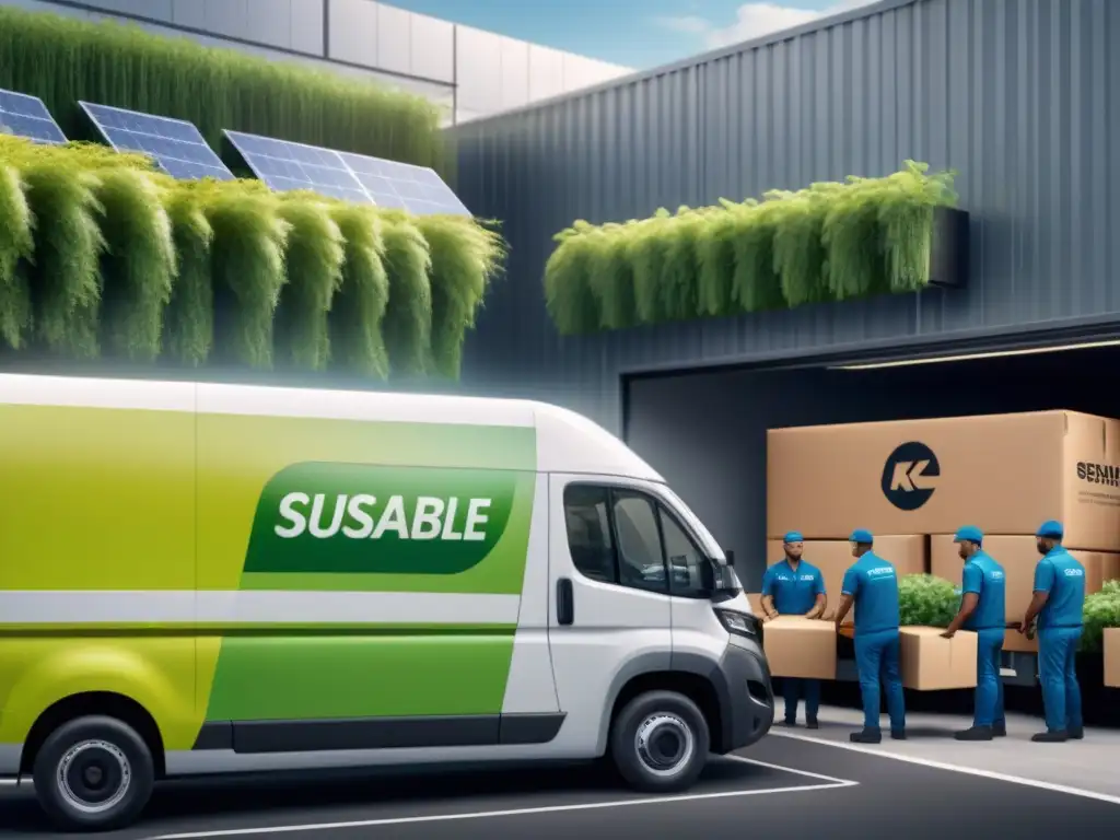 Instalación ecoamigable de empaques: eficiencia y sostenibilidad Una instalación de empaquetado sostenible en transporte, con trabajadores eficientes y vehículos eléctricos cargando paquetes