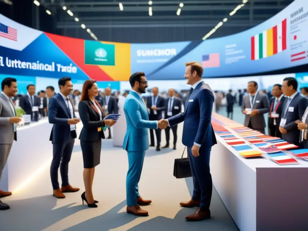 Feria Internacional: Colaboración y Oportunidades Globales Intenso encuentro empresarial internacional con representantes de distintos países, intercambiando ideas y contactos en una feria comercial