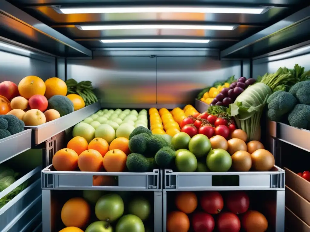 Interior de camión refrigerado: frutas y verduras frescas en detalle Interior detallado de camión refrigerado con frutas y verduras apiladas