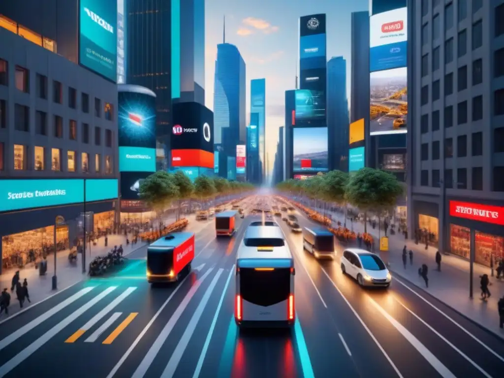 Intersección urbana del futuro: entrega inteligente y conectada Una intersección urbana futurista con entrega de drones y vehículos inteligentes optimizando rutas en tiempo real
