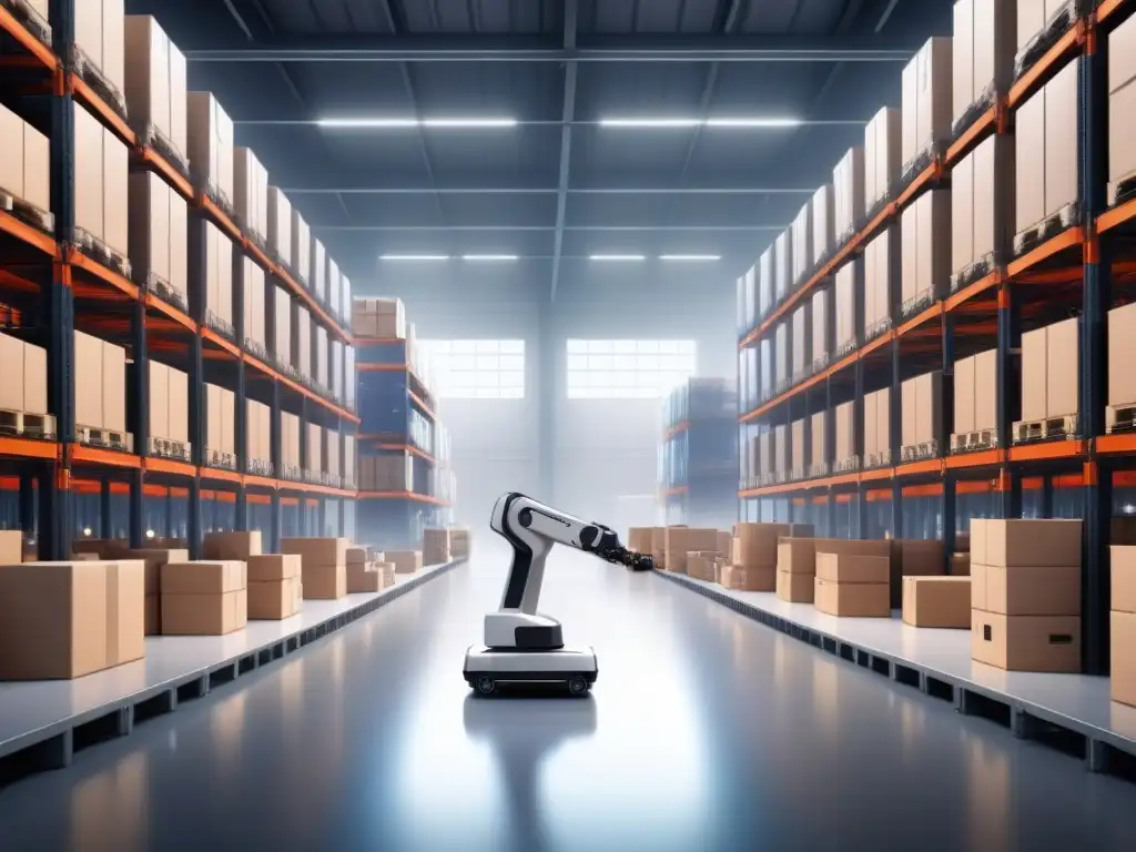 Almacén automatizado de vanguardia: eficiencia logística del futuro Inversiones en infraestructura logística 2023: Almacén automatizado de vanguardia con robots clasificando paquetes