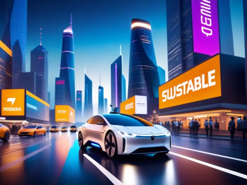 Metrópolis futurista: vehículos eléctricos y autónomos en acción nocturna Inversiones en infraestructura logística 2023: Ciudad futurista nocturna con vehículos eléctricos y autónomos en calles iluminadas