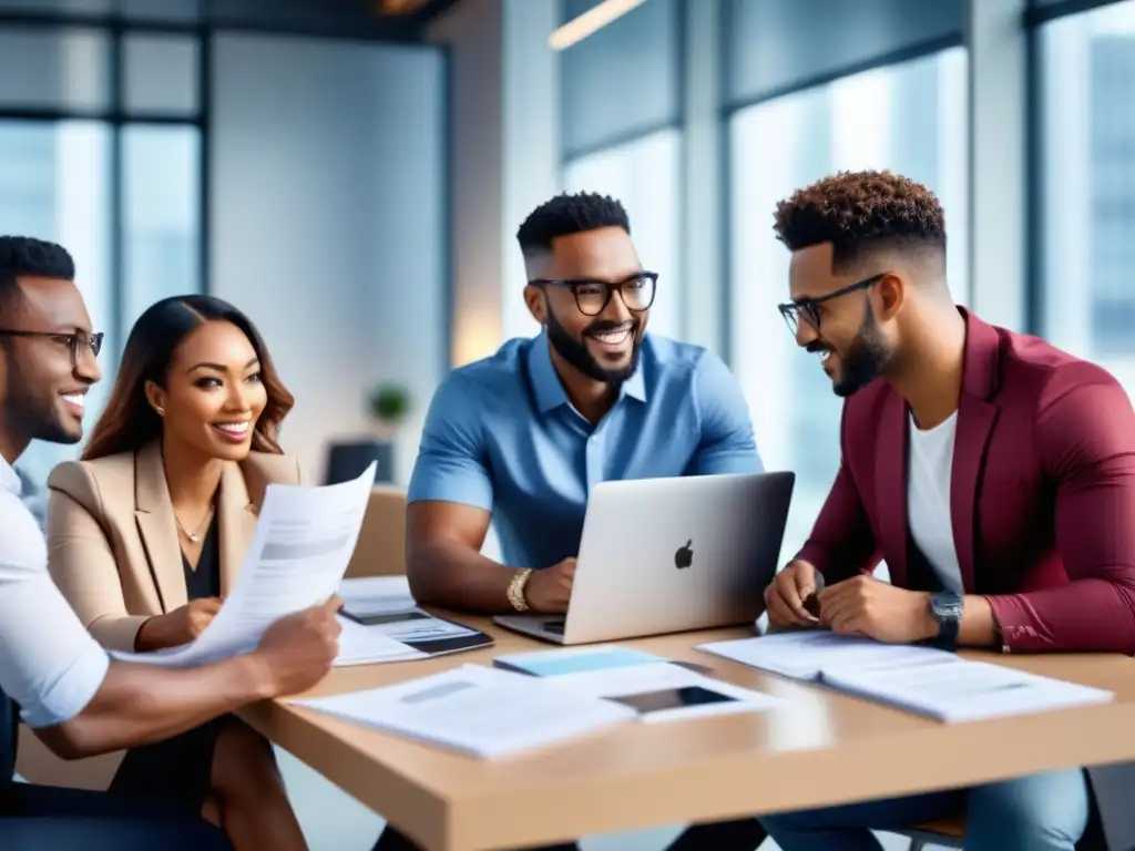 Jóvenes emprendedores en brainstorming logístico Jóvenes emprendedores en oficina moderna debaten soluciones innovadoras para regulaciones internacionales en startups logística
