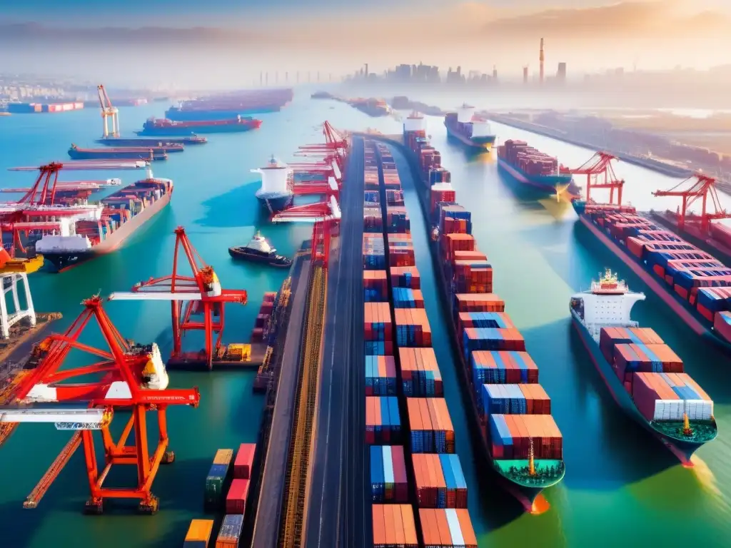 Transformación logística: Puerto africano con inversiones extranjeras Transformación en la logística africana: capital extranjero remodelando el puerto con barcos, grúas, camiones y trenes