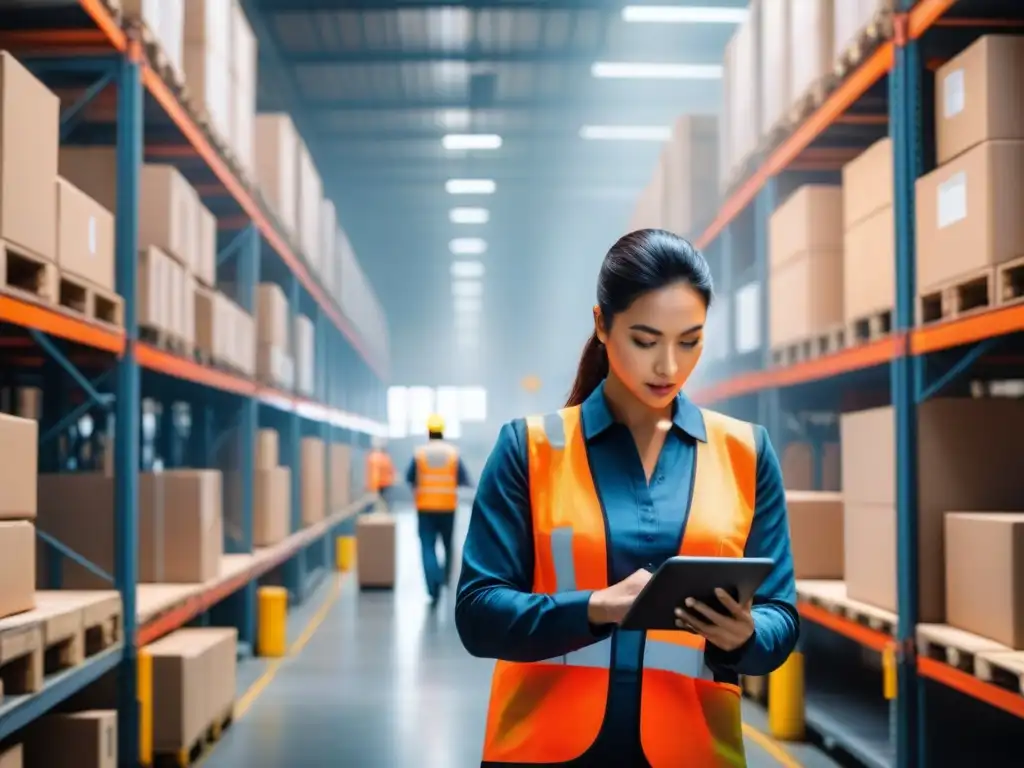 Optimización logística con análisis de datos: Almacén bullicioso con trabajadores usando tablets y computadoras para gestionar inventario