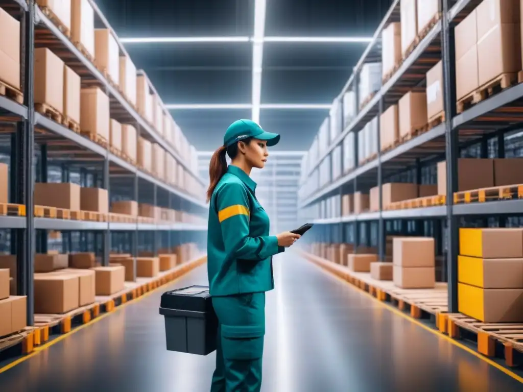 Almacén del futuro: robots y drones revolucionando la gestión logística Gestión logística almacenes transformación digital: Almacén automatizado con tecnología de vanguardia y drones supervisando operaciones