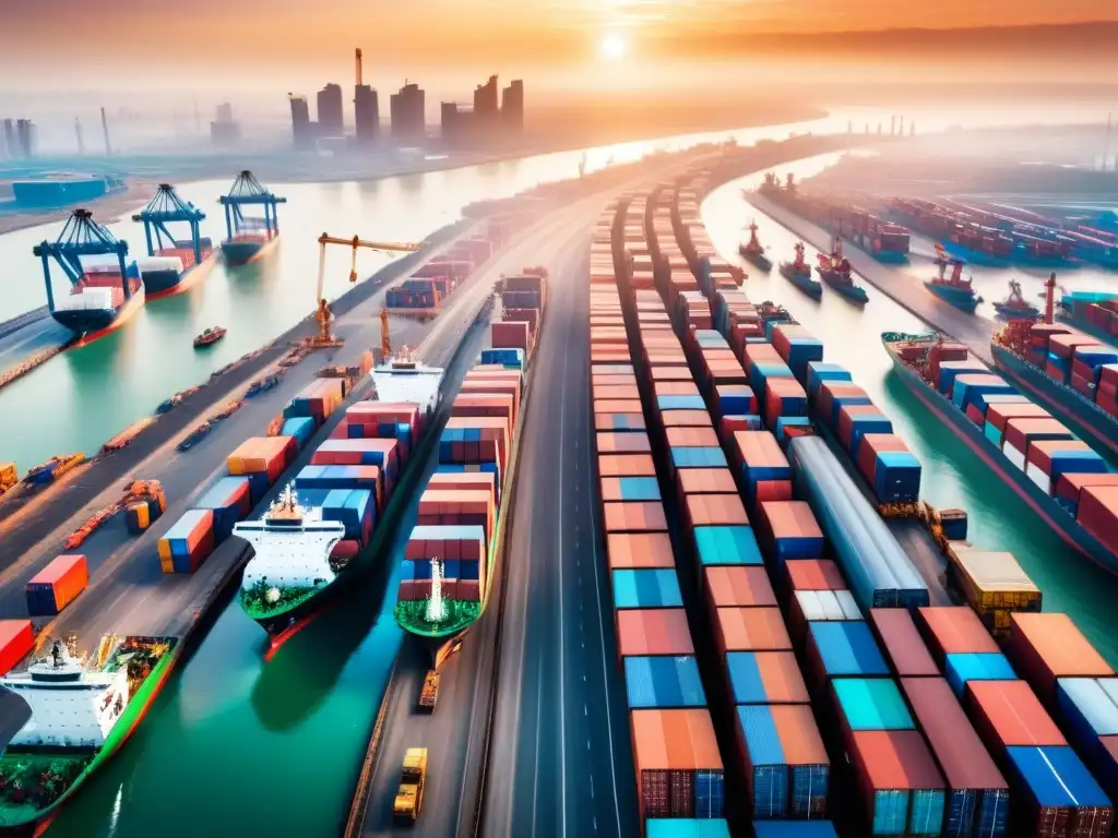 Logística de ecommerce en África: Puerto bullicioso Logística ecommerce transfronterizo África: Puerto africano bullicioso con cargueros, camiones y trabajadores bajo el sol africano