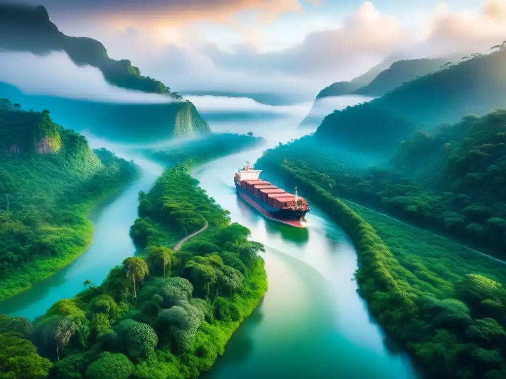 Navegación en río remoto: logística y naturaleza exuberante Logística fluvial marítima en zonas aisladas: Un río serpenteando entre exuberante selva, un barco de carga navegando rodeado de verdor y neblina