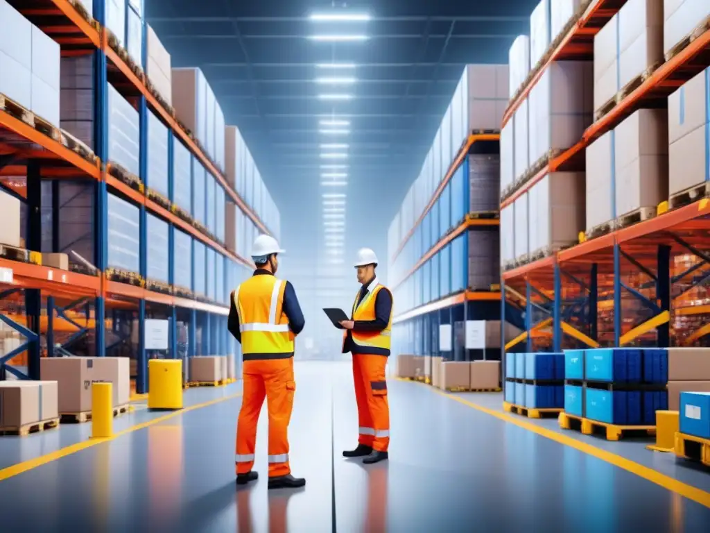 Almacén logístico inteligente: eficiencia y tecnología IoT Almacén de logística inteligente con sensores IoT optimizando rutas y monitoreando inventario, trabajadores y robots colaborando en ambiente futurista