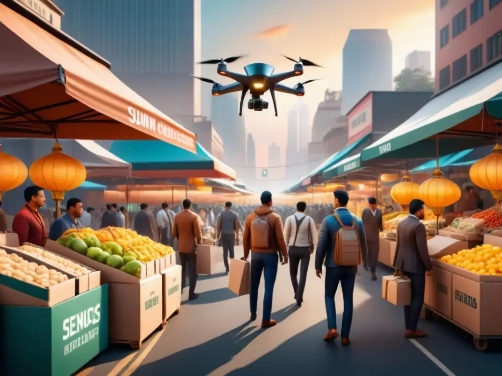 Mercado del futuro: robots y drones en armonía con la tradición IA en logística mercados emergentes: Mercado bullicioso fusiona tradición y tecnología en una ciudad en desarrollo