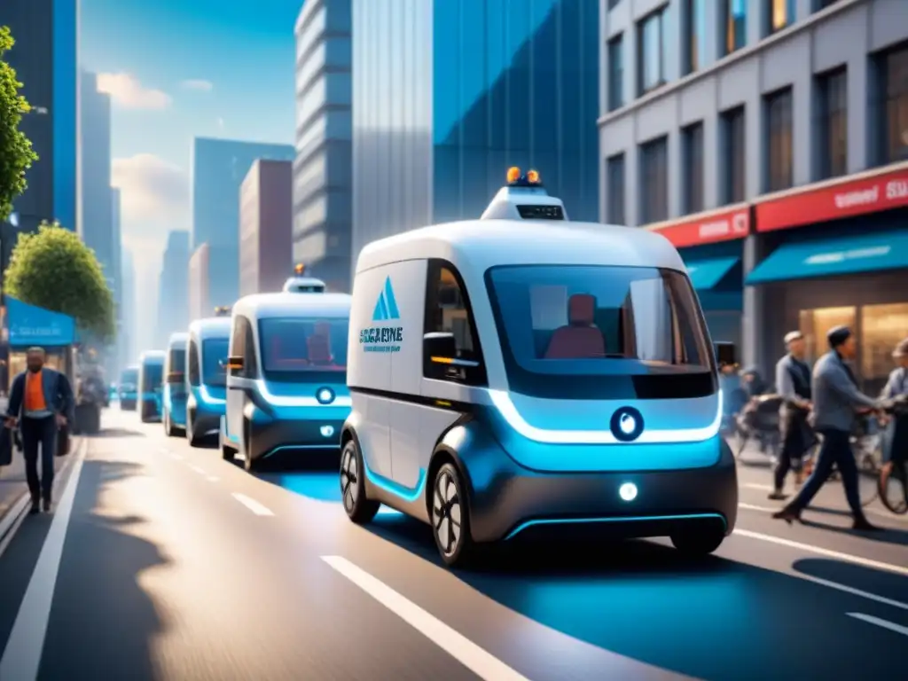 Avanzada logística ecofriendly en la ciudad Logística con vehículos eléctricos innovadores en una bulliciosa calle de la ciudad, bajo un cielo azul