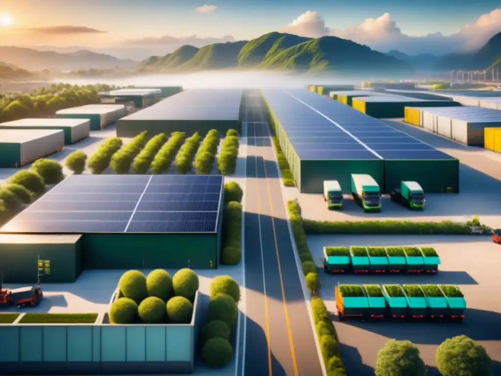 Logística verde en ciudad: armonía sostenible Logística verde: armonía entre desarrollo urbano y prácticas sostenibles en almacén con paneles solares y camiones eléctricos