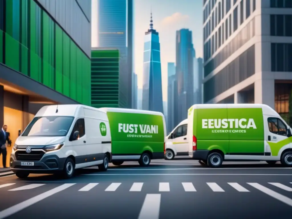 Logística verde: vans eléctricas en la ciudad sostenible Logística verde en iniciativas corporativas: Calles urbanas con furgonetas eléctricas cargando paquetes ecofriendly