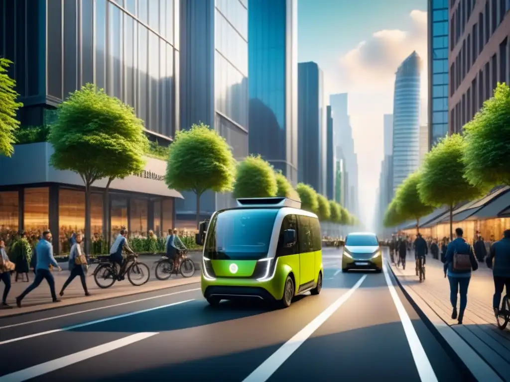 Escena urbana sostenible: logística verde en la ciudad Logística verde sostenible innovadora: Ciudad moderna con vehículos eléctricos, ciclistas y paneles solares en un entorno urbano ecológico