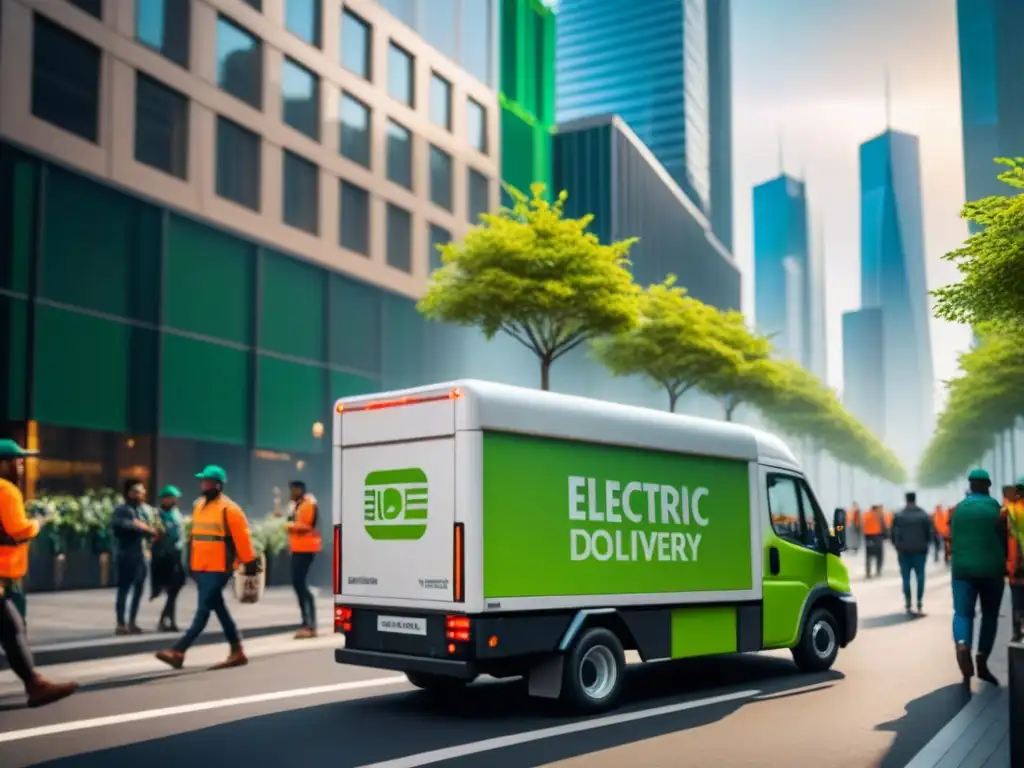 Logística verde: camiones eléctricos y entregas sostenibles en la ciudad Logística verde sostenible innovadora: Calle urbana bulliciosa con camiones eléctricos verdes y peatones