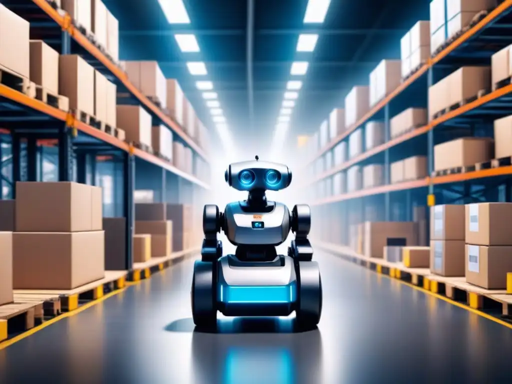 Almacén logístico automatizado: robots AI en acción Almacén logístico automatizado con robots de IA entregando paquetes