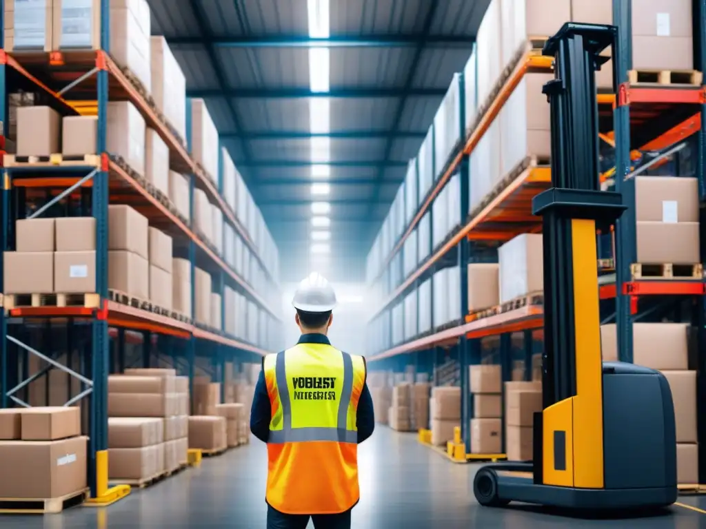 Almacén logístico bullicioso con operarios y montacargas