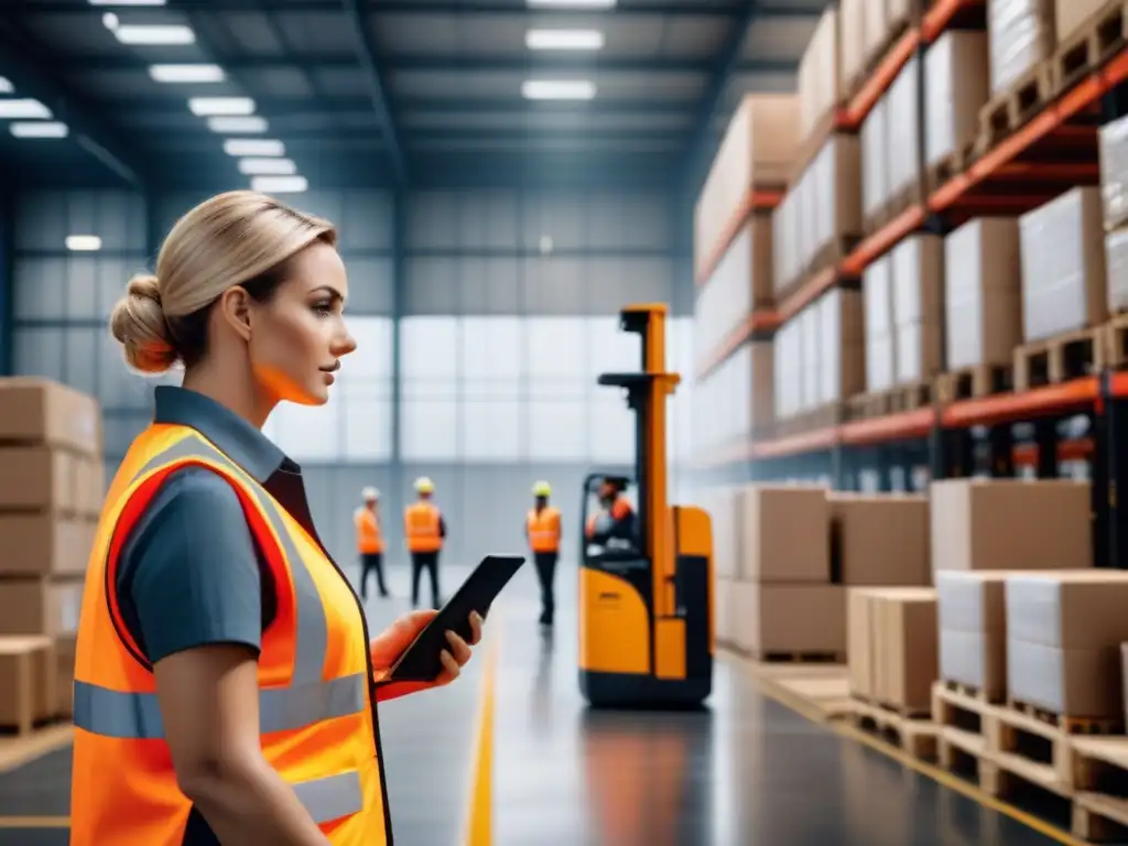 Almacén logístico eficiente con trabajadores y montacargas, mostrando la optimización de rutas en logística
